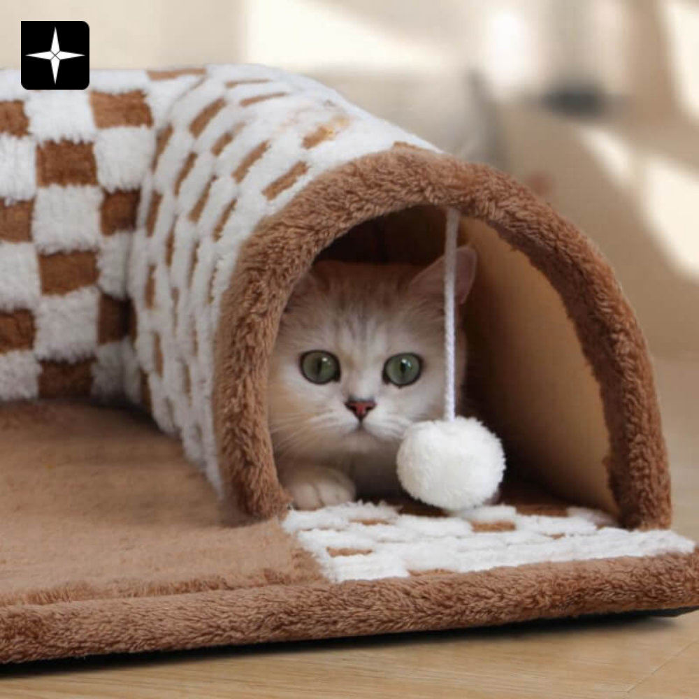 KittyTunnel™ | 2-i-1 Rutig Kattbädd med Rolig Plysch Tunnel