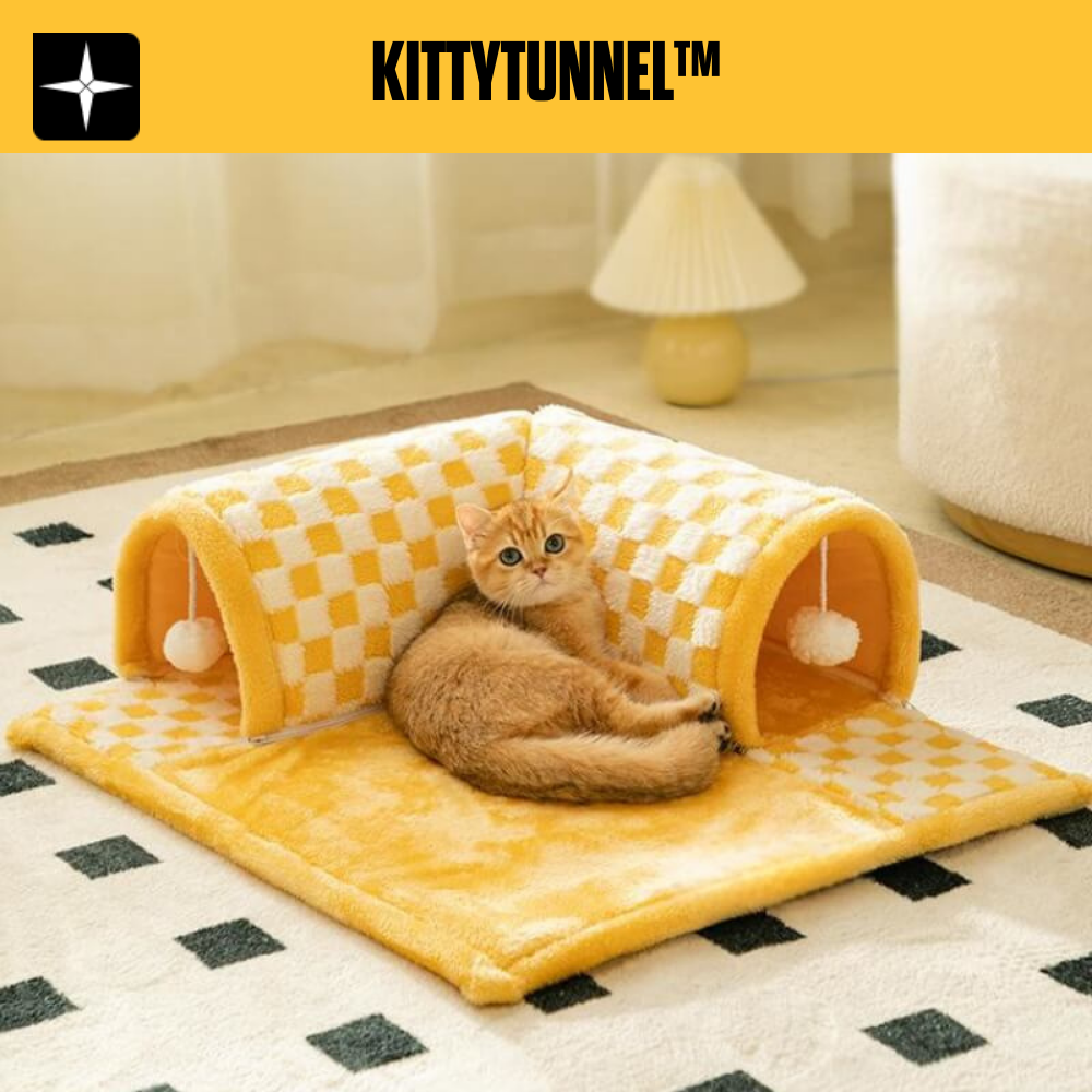 KittyTunnel™ | 2-i-1 Rutig Kattbädd med Rolig Plysch Tunnel