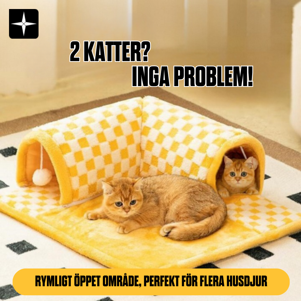 KittyTunnel™ | 2-i-1 Rutig Kattbädd med Rolig Plysch Tunnel